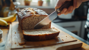 Banana bread being sliced with a bread knife, showing a moist and fluffy crumb, served on a rustic wooden cutting board.