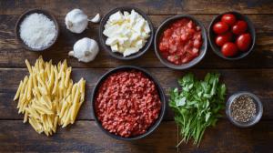 Flat lay of pasta ingredients, including ground beef, marinara sauce, garlic, and seasonings.