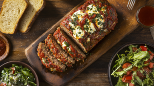 Italian meatloaf sliced and topped with marinara sauce and melted mozzarella, served with garlic bread and salad on a rustic wooden table.