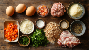 Raw ingredients for Italian meatloaf, including ground meats, breadcrumbs, eggs, Parmesan cheese, and chopped vegetables on a rustic wooden surface.