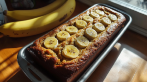 Delicious butter-free banana bread, made with healthy substitutes like coconut oil and bananas, displayed on a rustic wooden table.