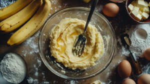 Close-up of overripe bananas being mashed in a bowl, surrounded by other ingredients like flour, sugar, eggs, and butter