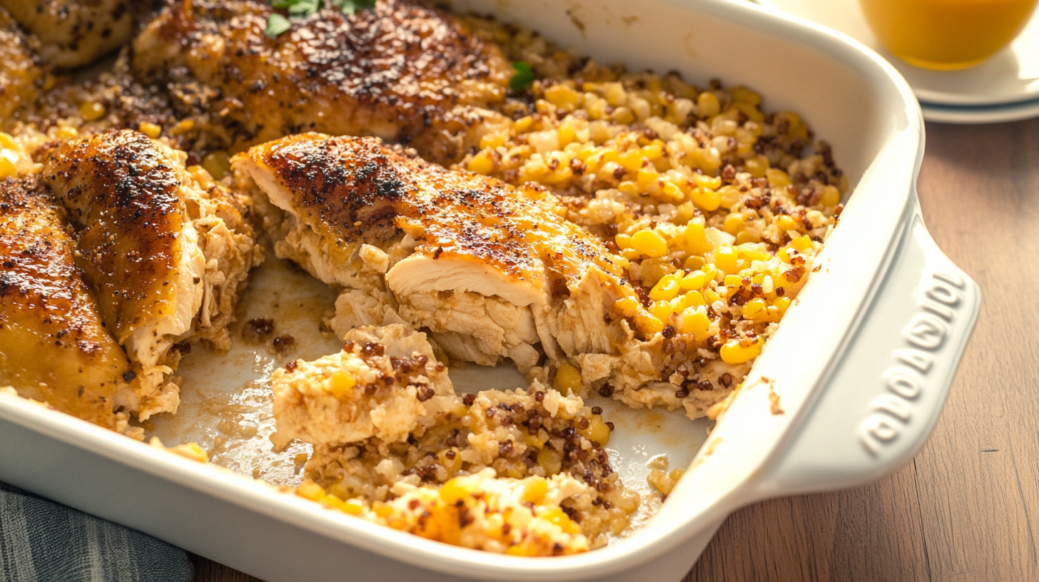 A golden, creamy forgotten chicken casserole with tender chicken breasts and perfectly cooked rice, topped with fresh herbs for garnish.