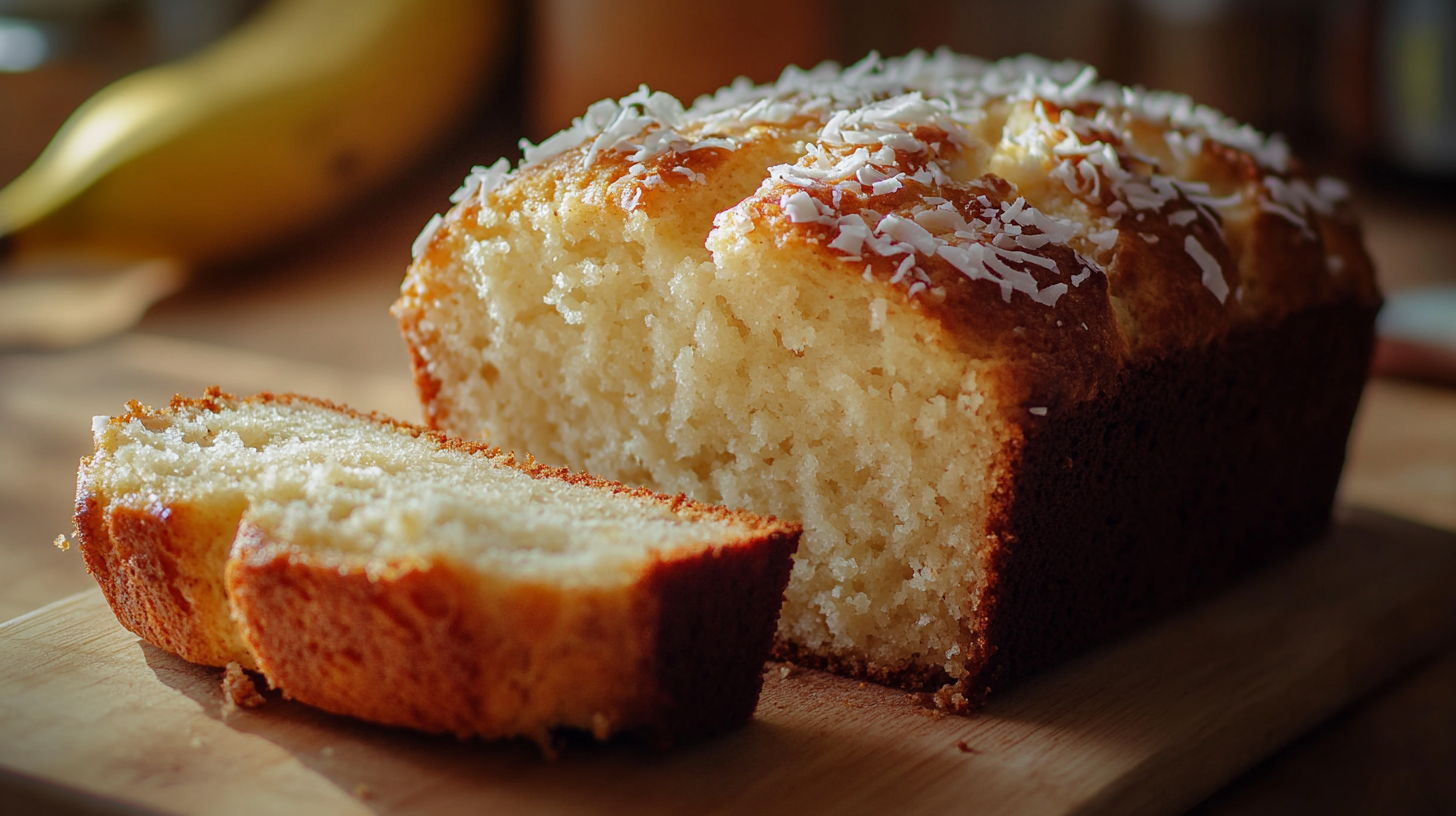 Homemade Hawaiian banana bread with a golden-brown crust, sliced to reveal a moist, flavorful interior, topped with coconut flakes.