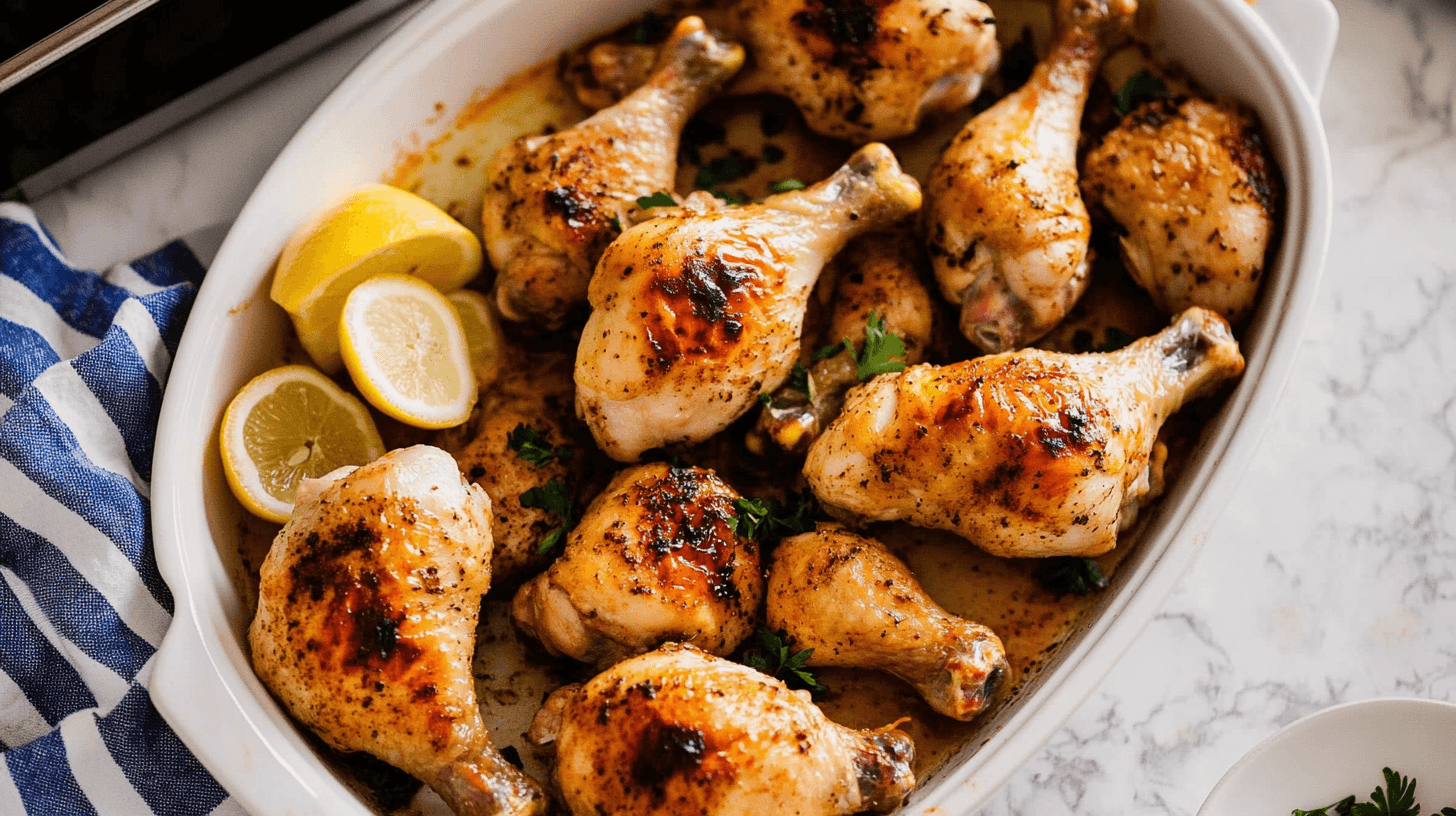 Perfectly baked chicken pieces cooked at 400°F, golden-brown with crispy edges, served on a rustic wooden platter garnished with fresh herbs.