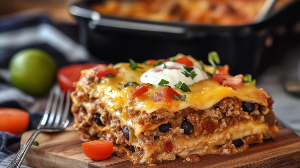 A perfectly baked taco lasagna with visible layers of tortillas, seasoned meat, melted cheese, and salsa, garnished with fresh cilantro.