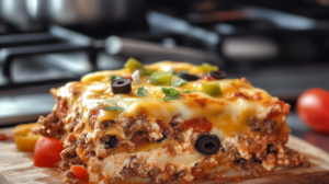 Flat-lay of taco lasagna ingredients, including tortillas, ground meat, cheese, salsa, and taco seasoning, neatly arranged on a wooden countertop. 