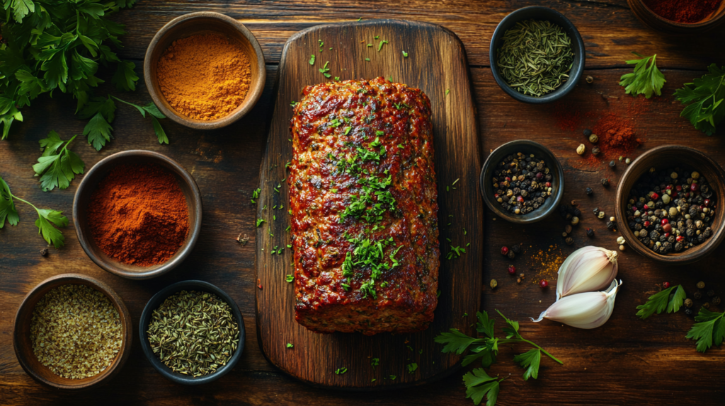 Homemade meatloaf with seasoning ingredients, including spices and herbs, arranged on a rustic wooden table.