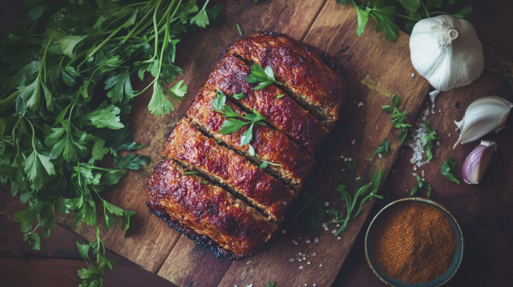 Homemade meatloaf seasoned with a perfect blend of spices, served on a rustic wooden table.