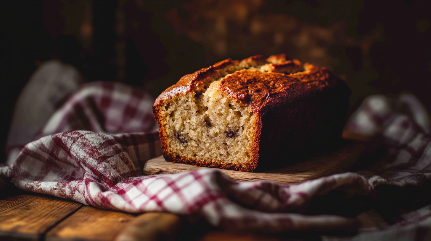 Homemade banana bread loaf without baking soda, fresh and delicious.