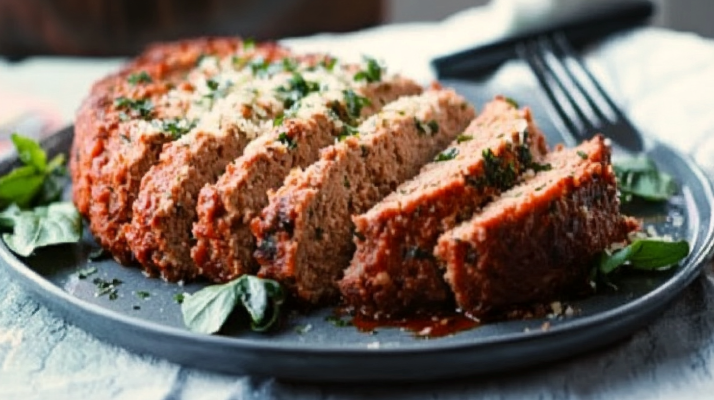 Italian meatloaf recipe sliced and served on a wooden board, topped with melted mozzarella and garnished with fresh basil