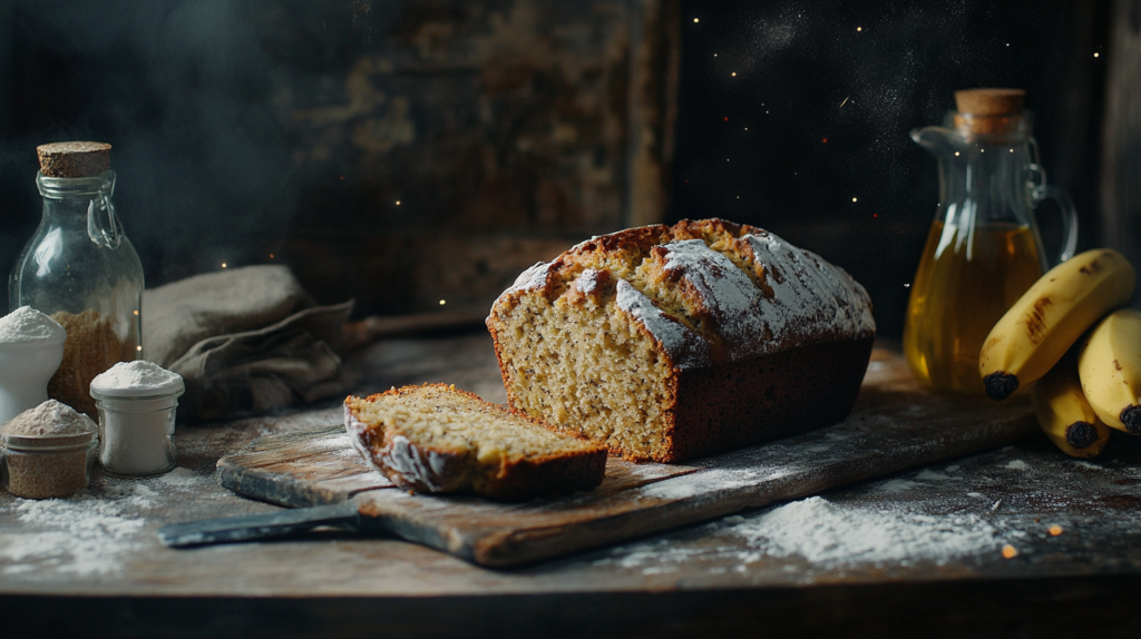 Freshly baked butter-free banana bread sliced to reveal its moist and tender texture, surrounded by bananas and baking ingredients.