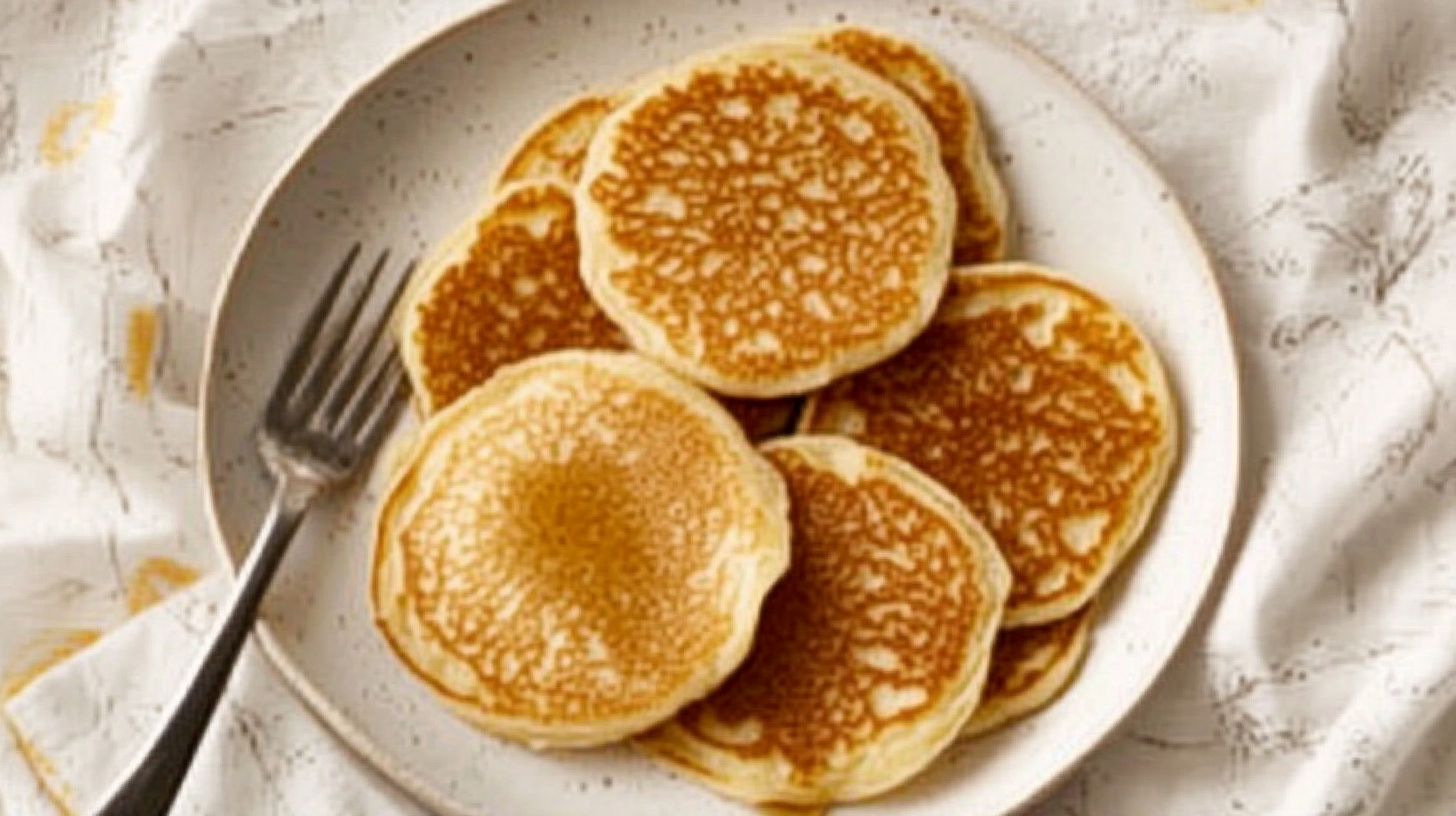 Fluffy pancakes without milk, topped with fresh fruits and syrup, on a rustic table.