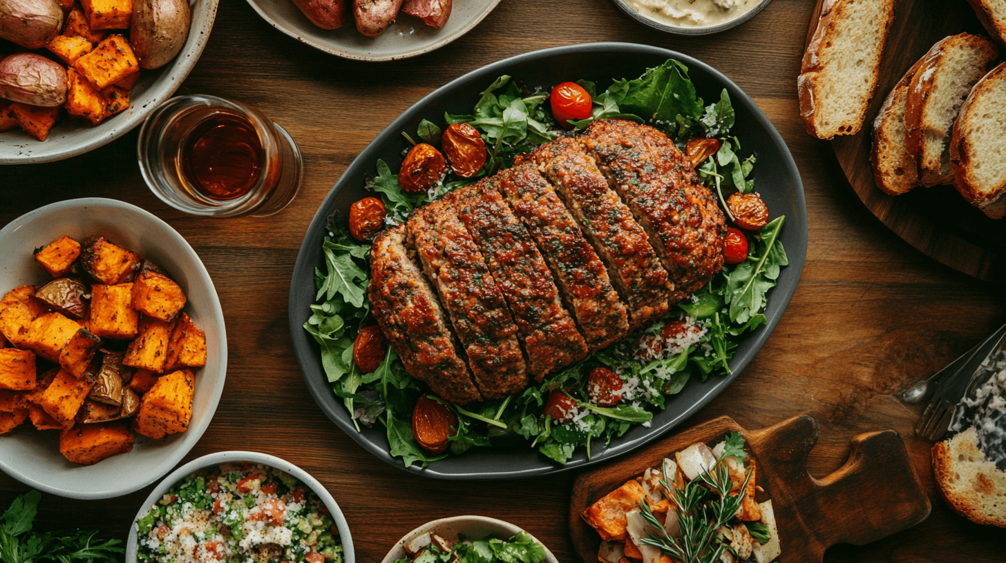 What to eat with Italian meatloaf: A plate featuring Italian meatloaf with roasted sweet potatoes, Caesar salad, and garlic bread.