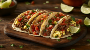 Breakfast tacos filled with ground beef, eggs, salsa, and cilantro, served with lime wedges.