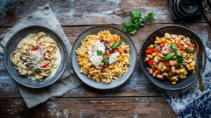 Three pasta dishes: creamy Alfredo, Tex-Mex style, and a veggie-packed option.