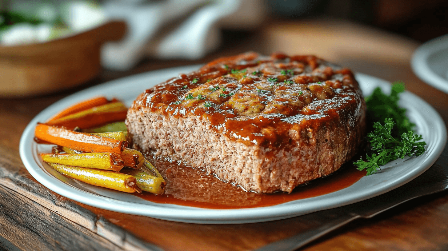 Sliced kidney-friendly ground beef meatloaf garnished with parsley on a rustic cutting board.