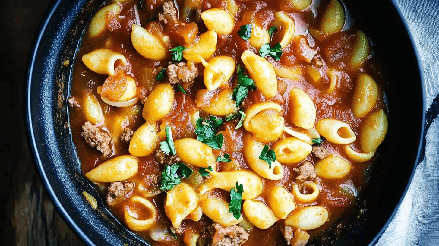 Slow cooker pasta with ground beef, topped with melted cheese and parsley.