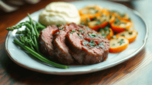 Kidney-friendly meatloaf slice with roasted cauliflower and green beans on a rustic plate