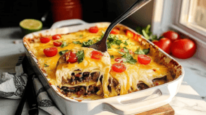 A layered taco lasagna with tortillas, seasoned meat, melted cheese, and salsa, served on a vibrant plate alongside fresh cilantro and lime wedges.