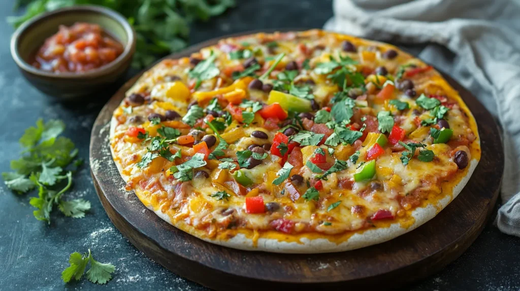 A vibrant Mexicana pizza topped with bell peppers, beans, and melted cheese on a thin crust, served on a rustic wooden board with fresh herbs and salsa.