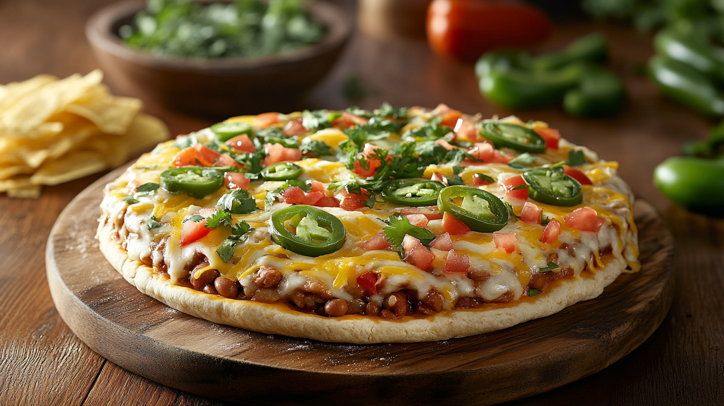 Freshly made Mexican Pizza with crispy tortillas, melted cheese, and fresh toppings on a rustic wooden board.