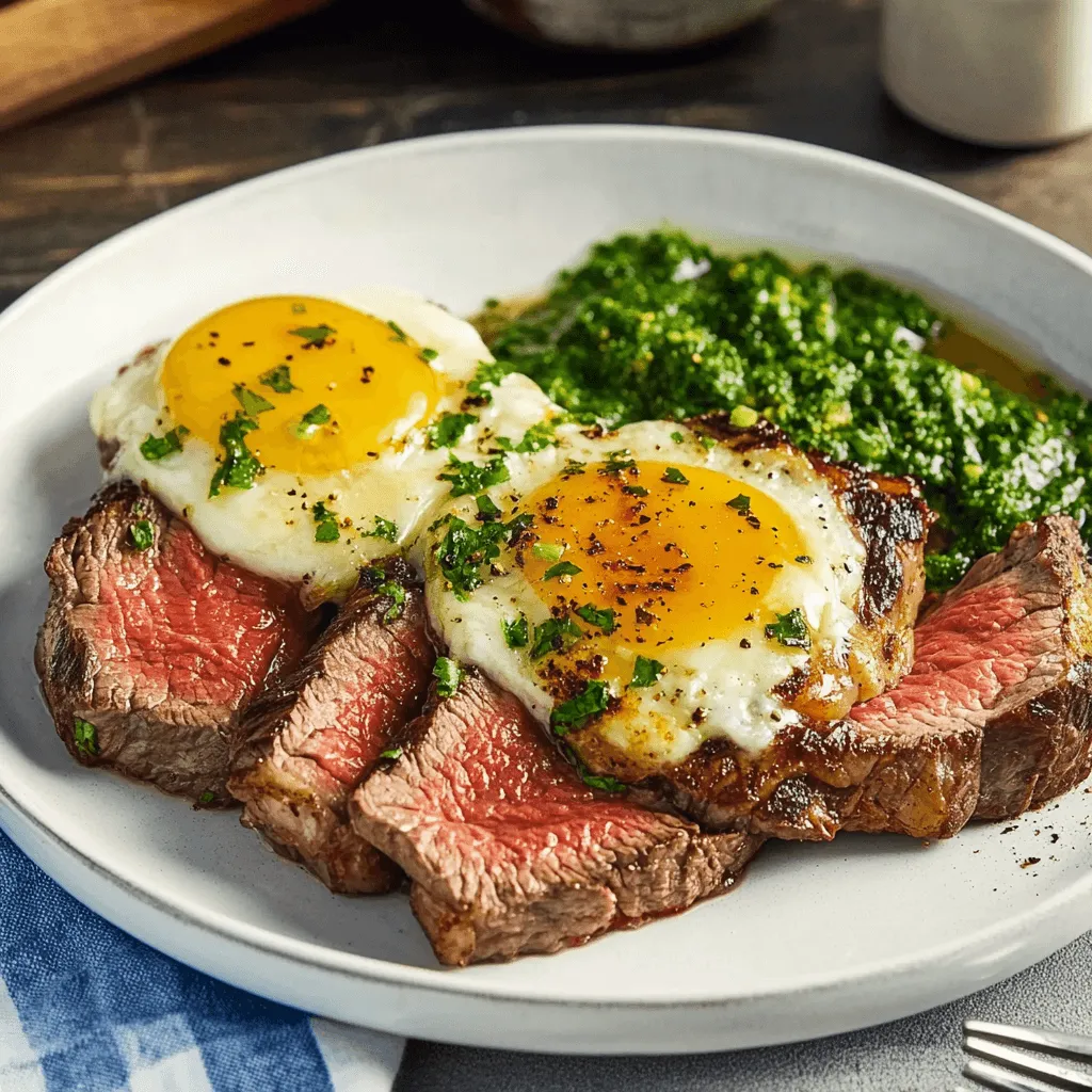 Medium-rare steak slices topped with sunny-side-up eggs and garnished with herbs, served with creamy spinach on a white plate.