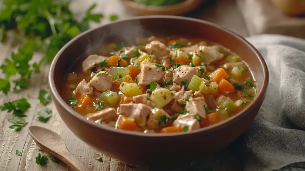 Steaming bowl of turkey neck stew with vegetables and golden broth, garnished with parsley.