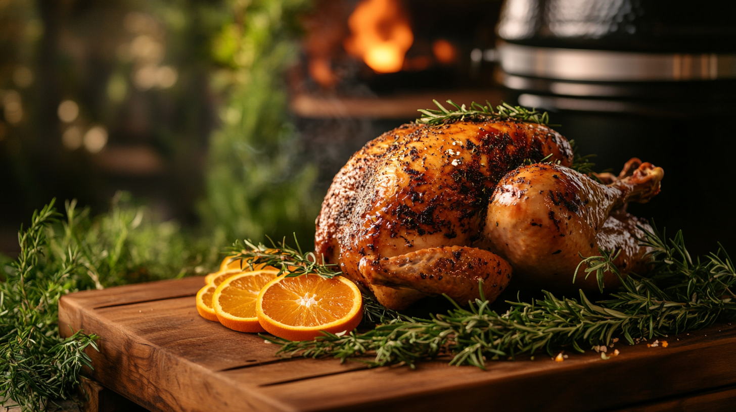 Perfectly smoked turkey with golden-brown skin, garnished with fresh herbs and orange slices on a rustic wooden cutting board.