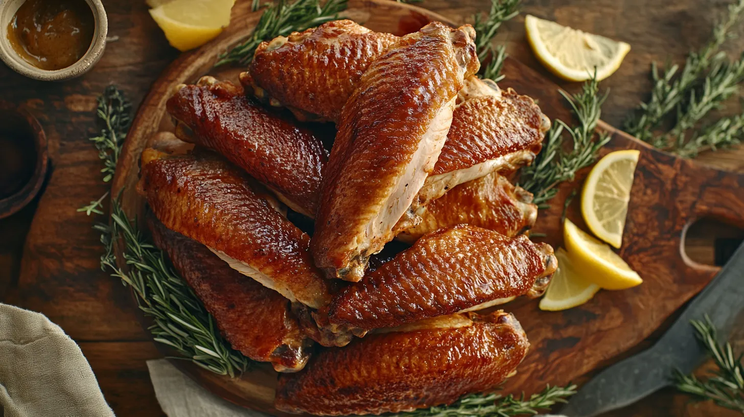 Golden-brown smoked turkey wings on a rustic wooden platter, garnished with fresh herbs and lemon wedges.