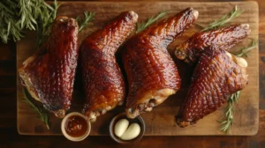 Golden brown smoked turkey wings on a rustic cutting board, garnished with rosemary and garlic.