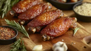 Smoked turkey wings on a cutting board with a digital meat thermometer inserted to check their internal temperature.