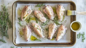 Pre-cooked turkey wings on a parchment-lined baking sheet, garnished with fresh herbs and ready for the oven.