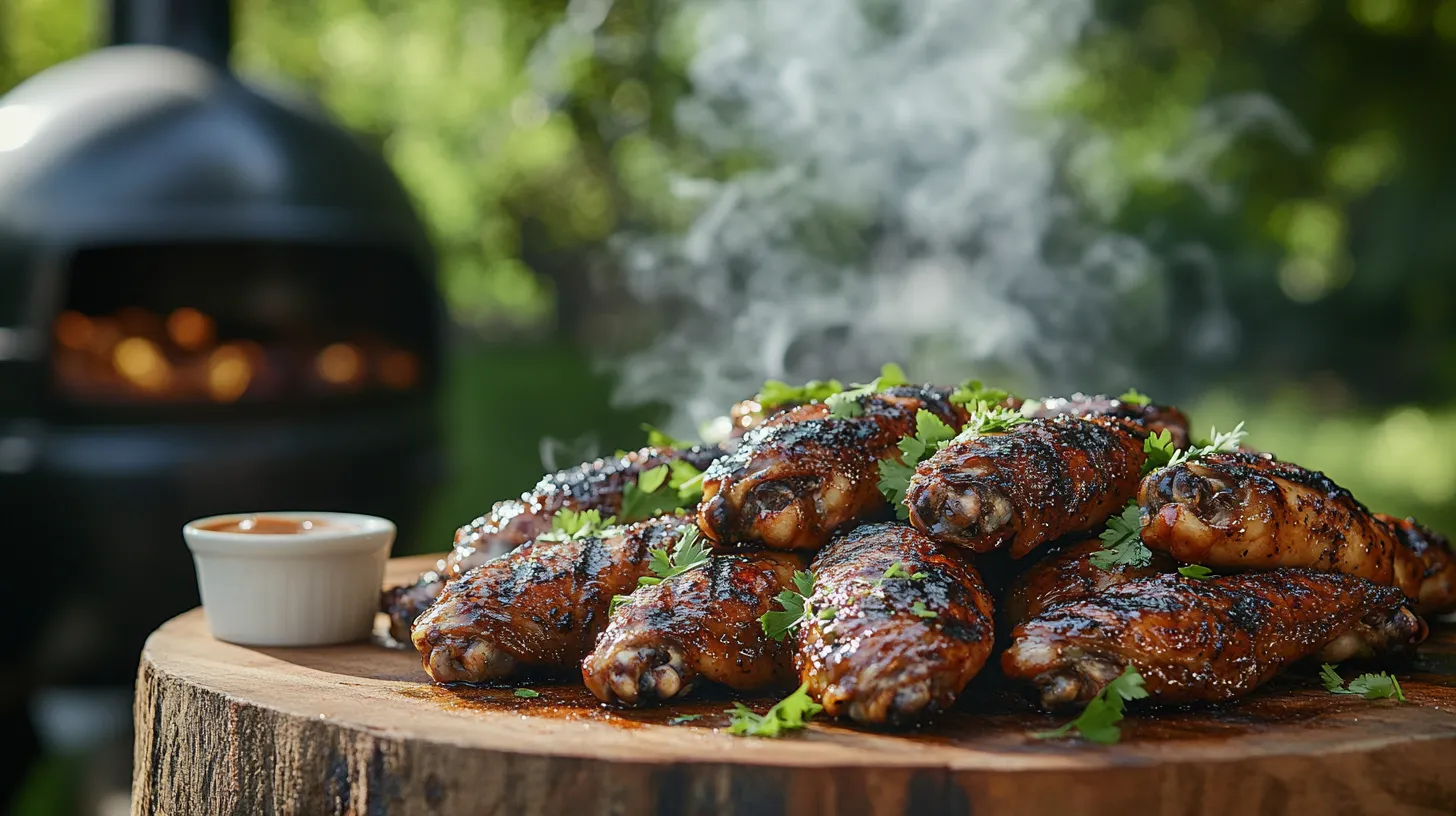 Close-up of golden-brown smoked chicken wings on a wooden platter, garnished with fresh parsley and served with a dipping sauce.