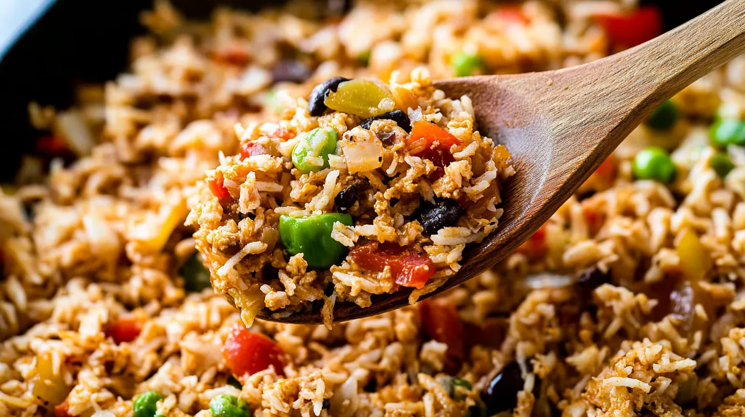 Close-Up of the Finished Shredded Meat and Rice Dish in a Wooden Spoon 2