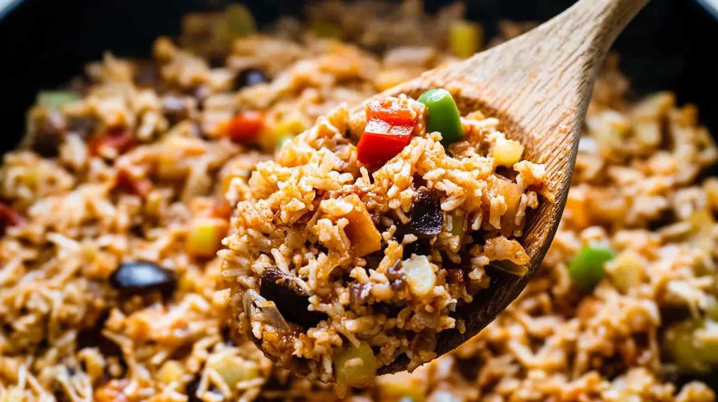 Close-Up of the Finished Shredded Meat and Rice Dish in a Wooden Spoon 3