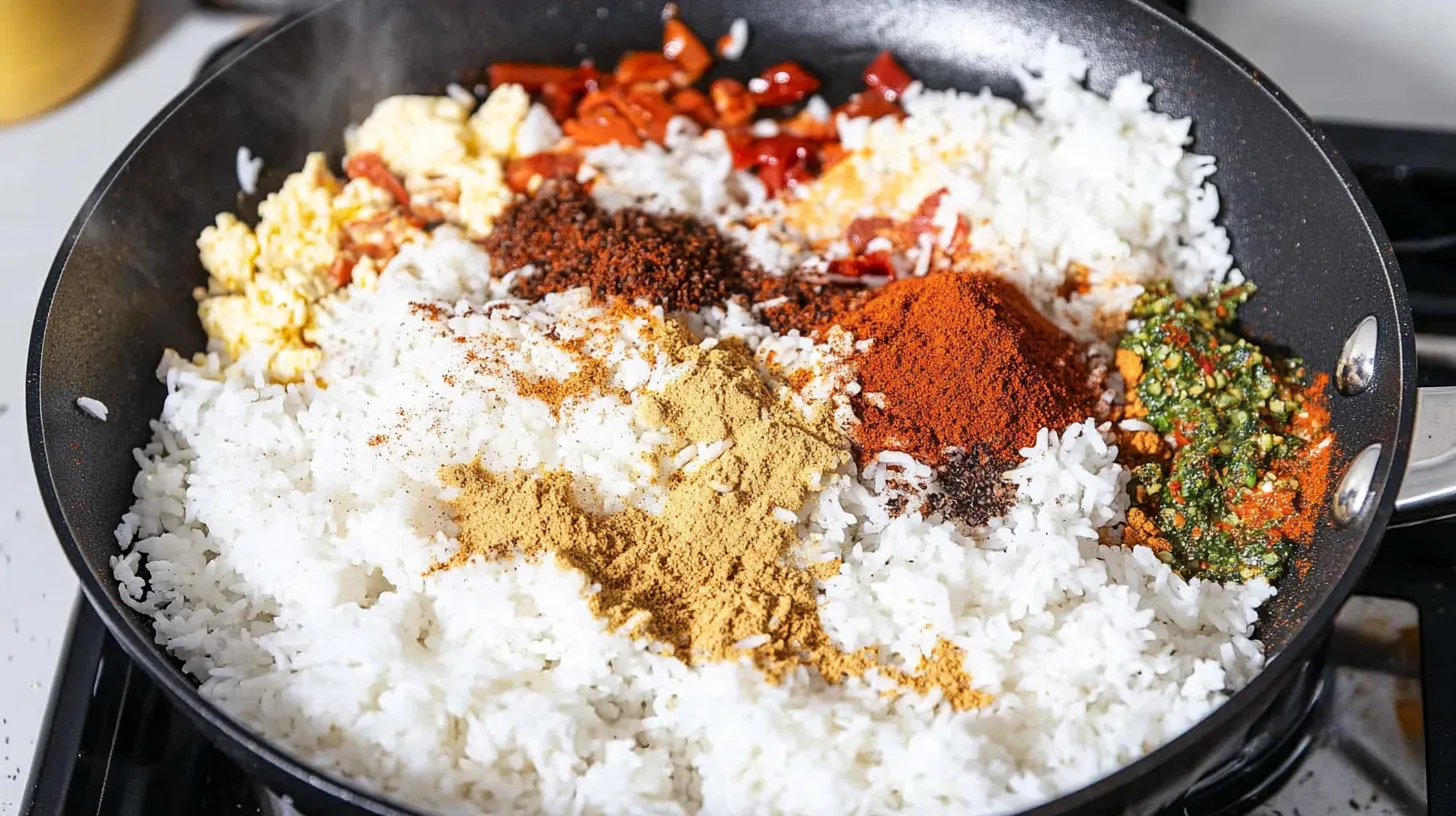 Cooked Rice and Spices Added to the Skillet