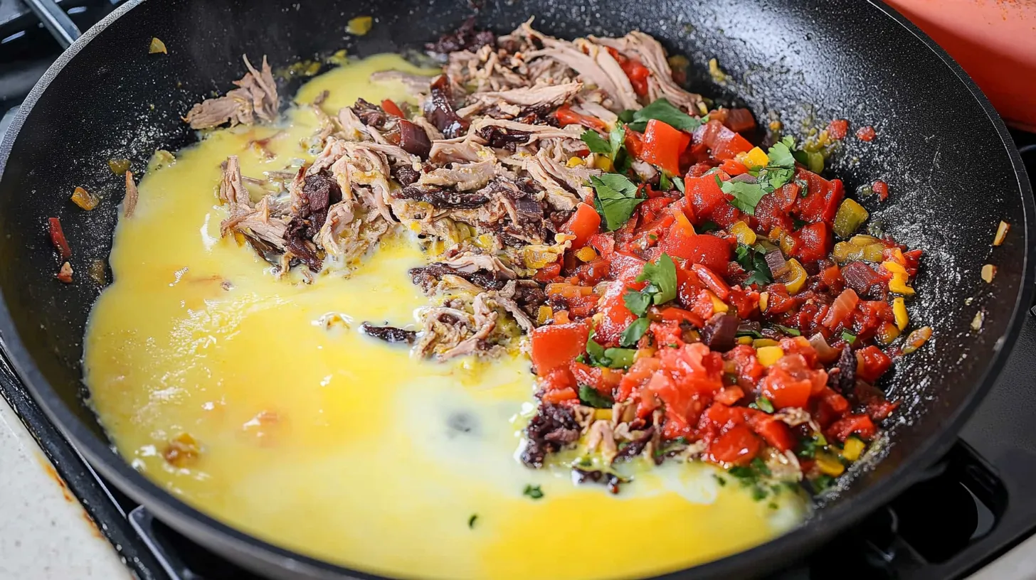 Eggs Cooking in a Skillet Alongside Shredded Meat Mixture
