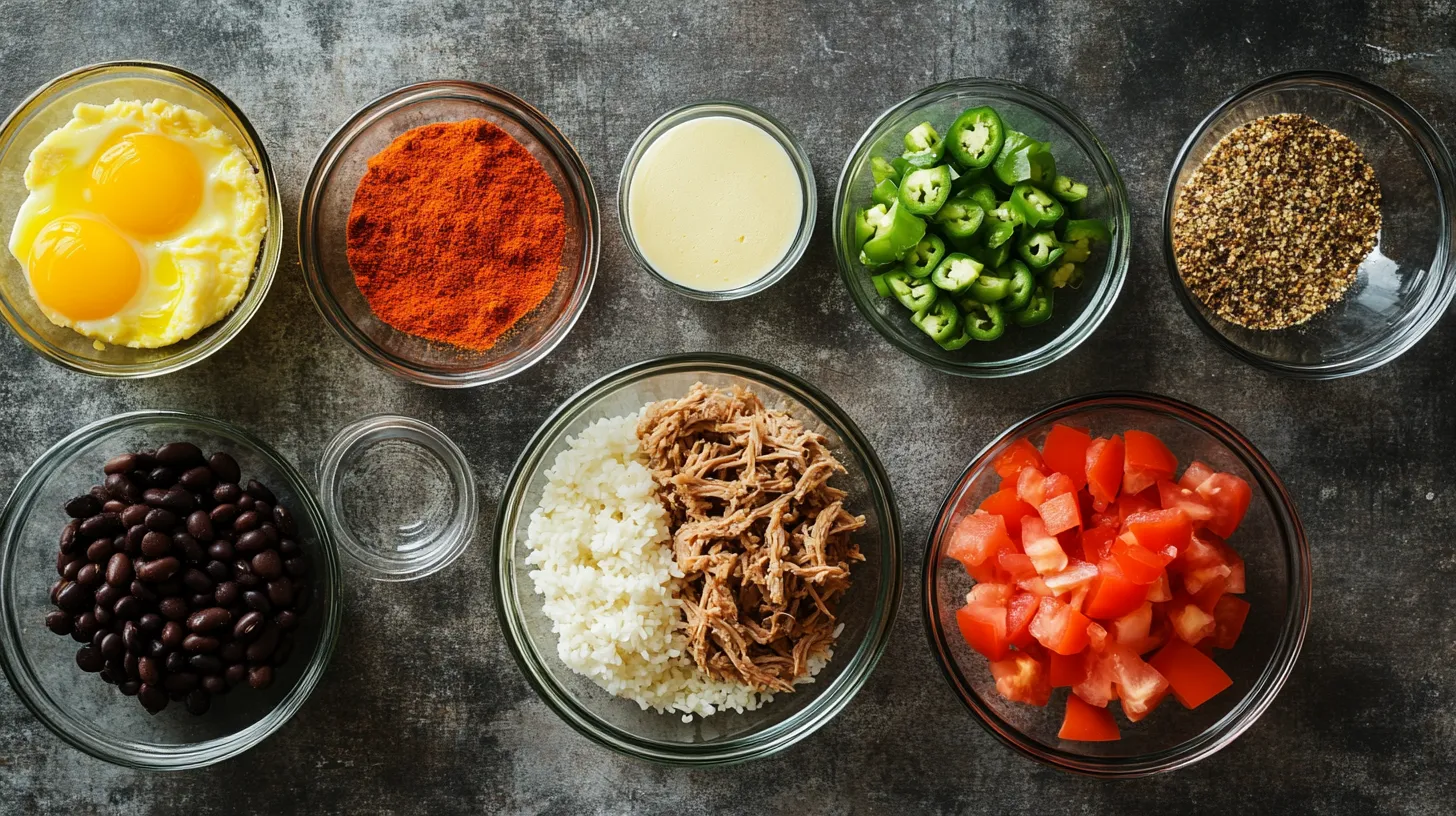 Flat Lay of Ingredients for Shredded Meat and Rice Skillet