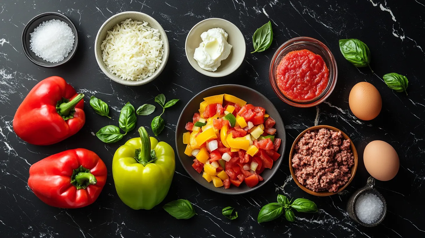 Fresh Ingredients for Stuffed Peppers on a Black Marble Countertop