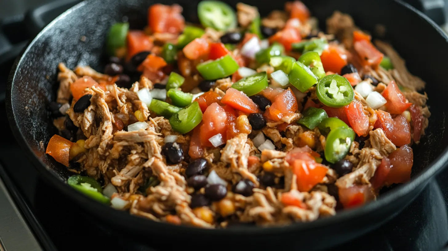 Sautéed Shredded Meat and Vegetables in a Cast-Iron Skillet