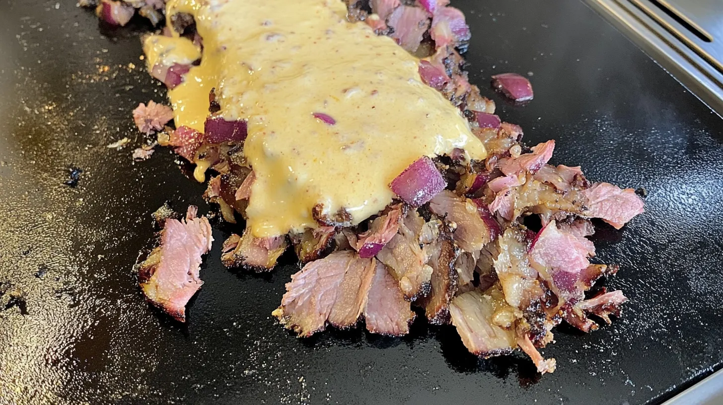 Sizzling Brisket with Cheese Sauce on a Griddle