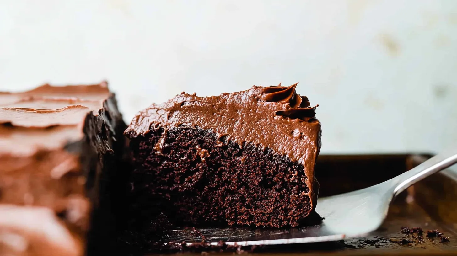 Slicing a Piece of Chocolate Cake with Fudge Frosting