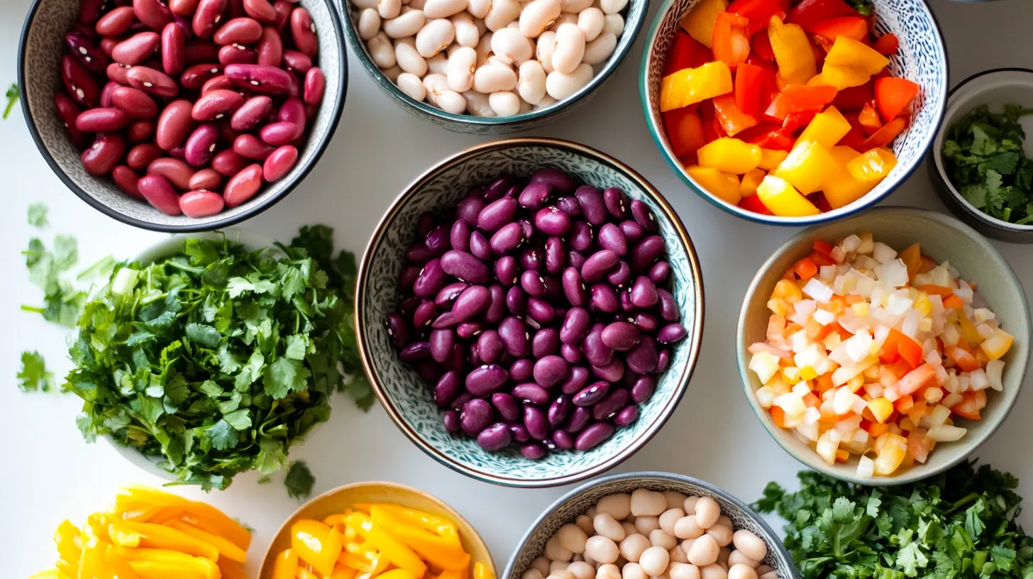 Fresh Ingredients for Dense Bean Salad - Beans, Peppers, and Herbs