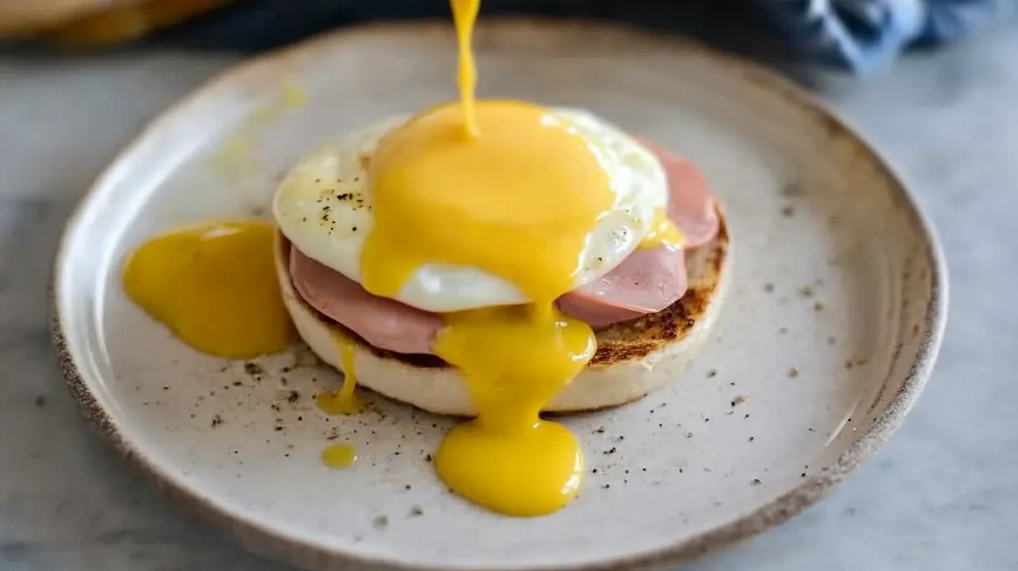 Pouring Hollandaise Sauce Over Eggs Benedict