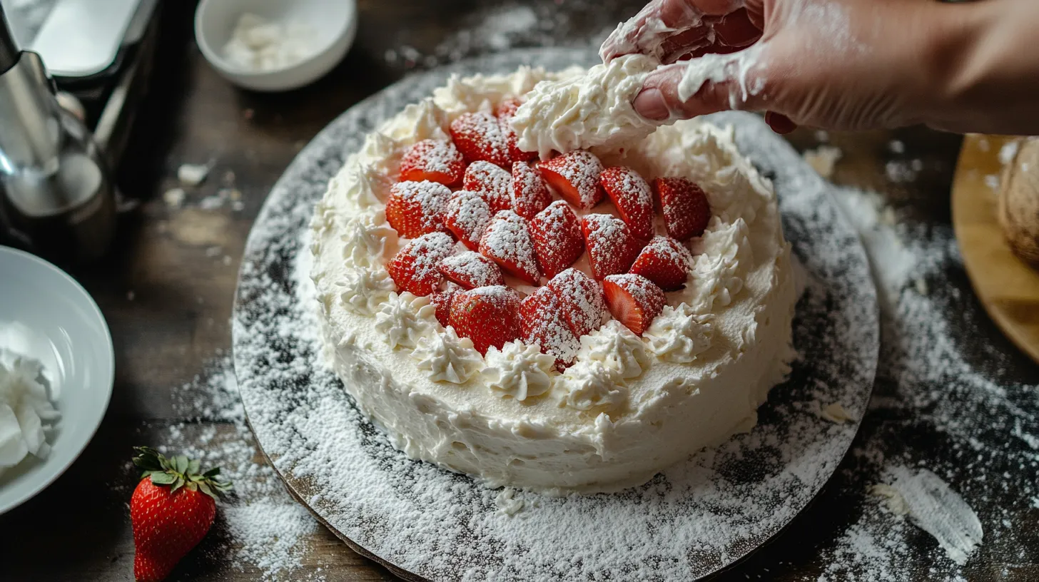 Frosting the Strawberry Coconut Cake