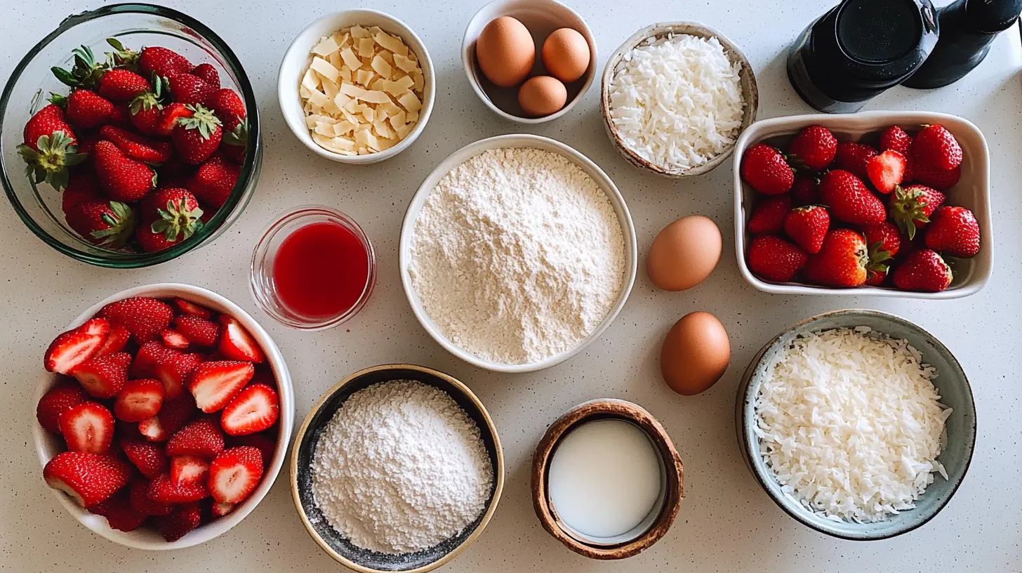 Strawberry Coconut Cake Ingredients Flat Lay