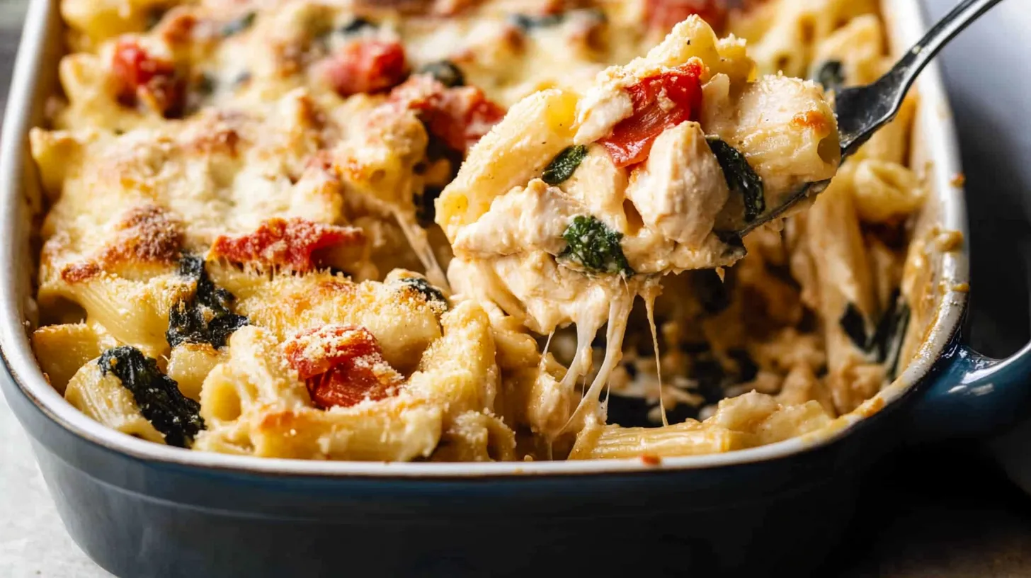 cheesy-chicken-pasta-bake-serving-scoop