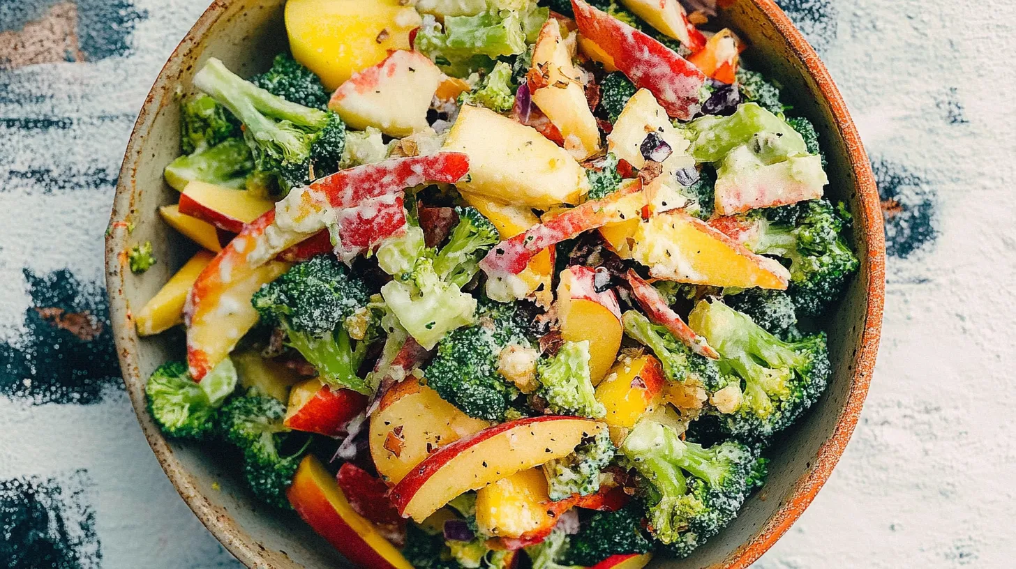 Top view of colorful broccoli apple salad with fresh apple slices, broccoli florets, and creamy dressing in a stone bowl