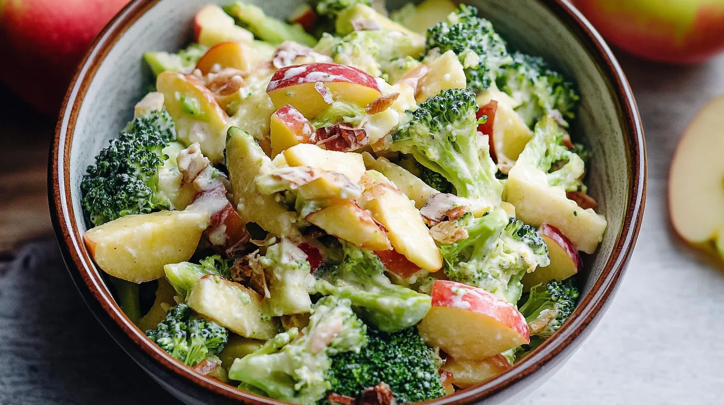 Close-up of broccoli apple salad with creamy yogurt dressing, red apple slices, and crunchy nuts in a ceramic bowl